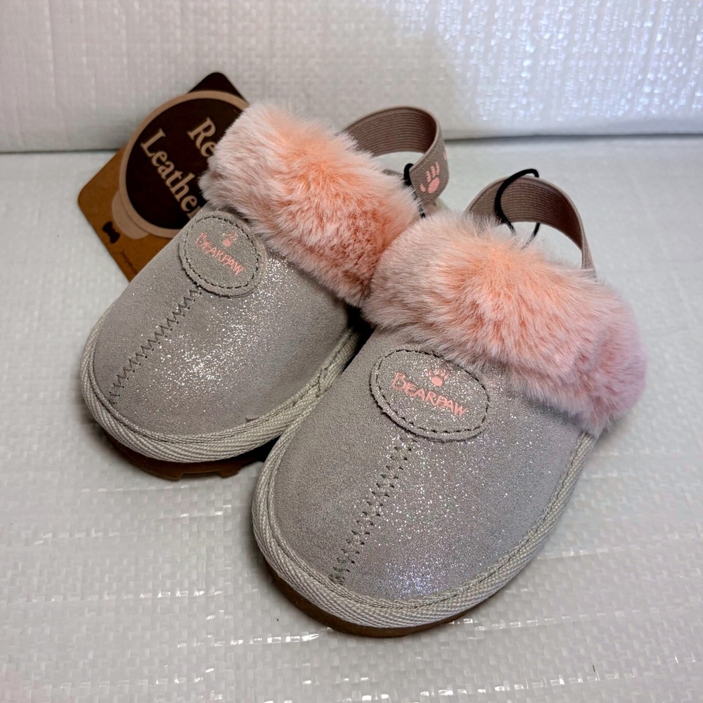 Bearpaw Baby Girls White Glitter Leather Faux Fur Slippers Size 4 9-12M